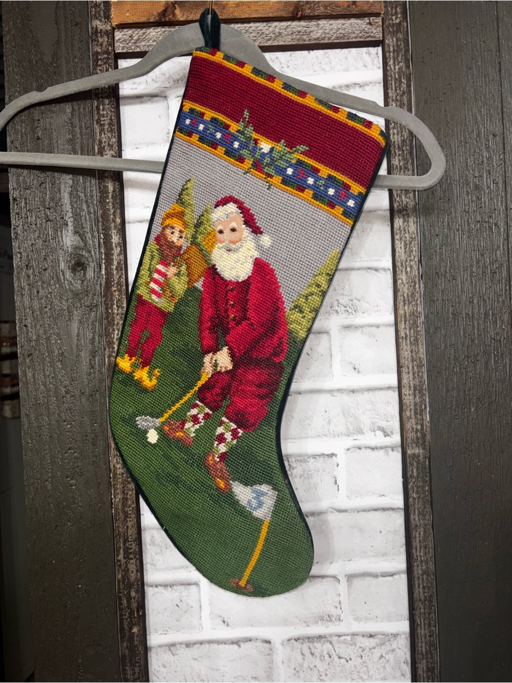 Vintage-Style Santa Golf Needlepoint Christmas Stocking - Red & Green